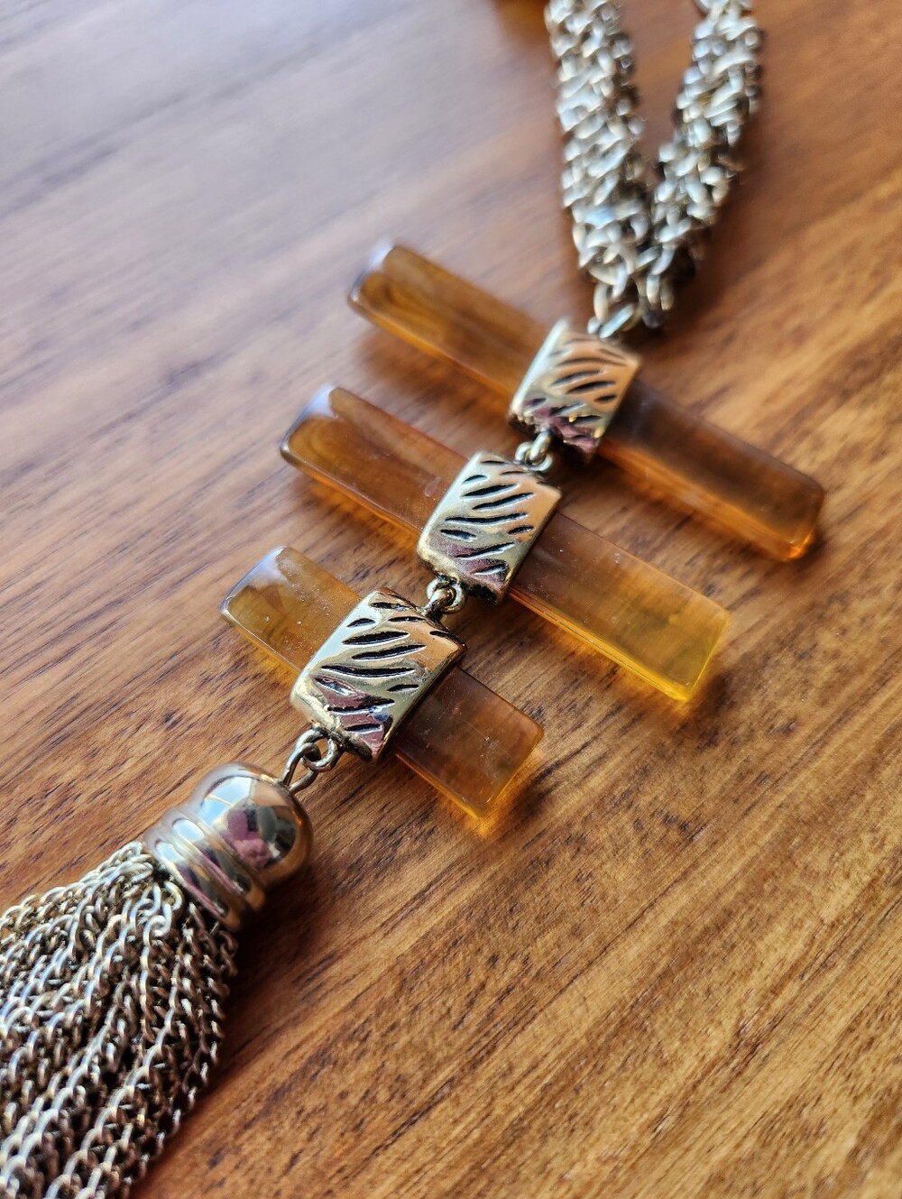 90s CHICO'S BOHO AMBER LUCITE MIXED METAL CHAIN STATEMENT TASSEL LONG NECKLACE - Picture 8 of 8